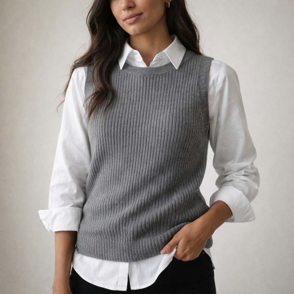 Lord & Taylor‎ Gray Ribbed Sweater Vest Sleeveless Knit Pullover Classic